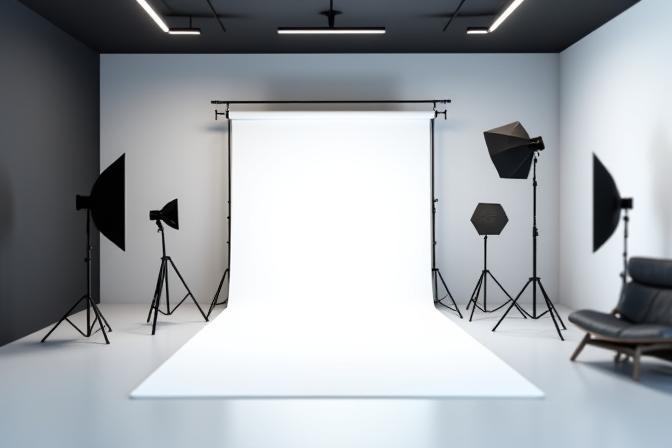 Interior photo of a professional photo studio space in Oslo with lights and backdrop