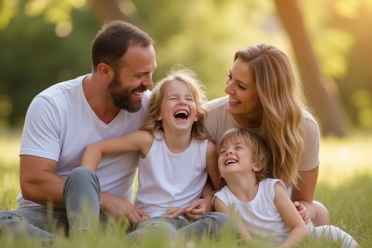 Joyful outdoor family photo with parents and children laughing naturally