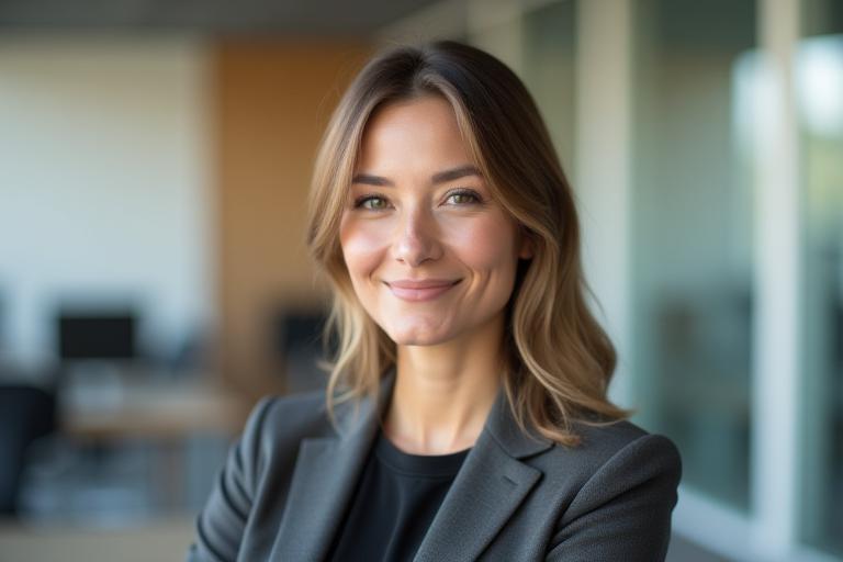 Professional corporate headshot of a woman in a modern office environment