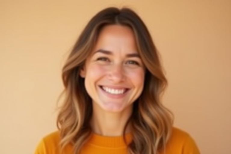 Portrait of a woman smiling warmly in a studio