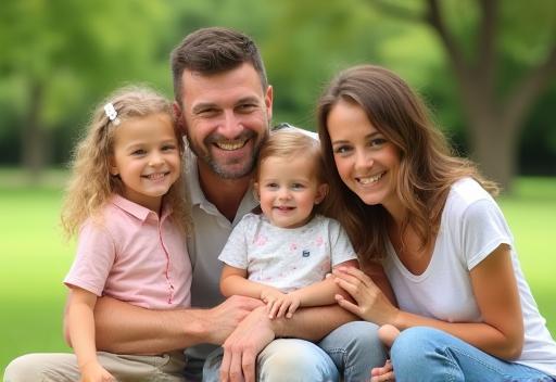 Family portrait taken outdoors in a park